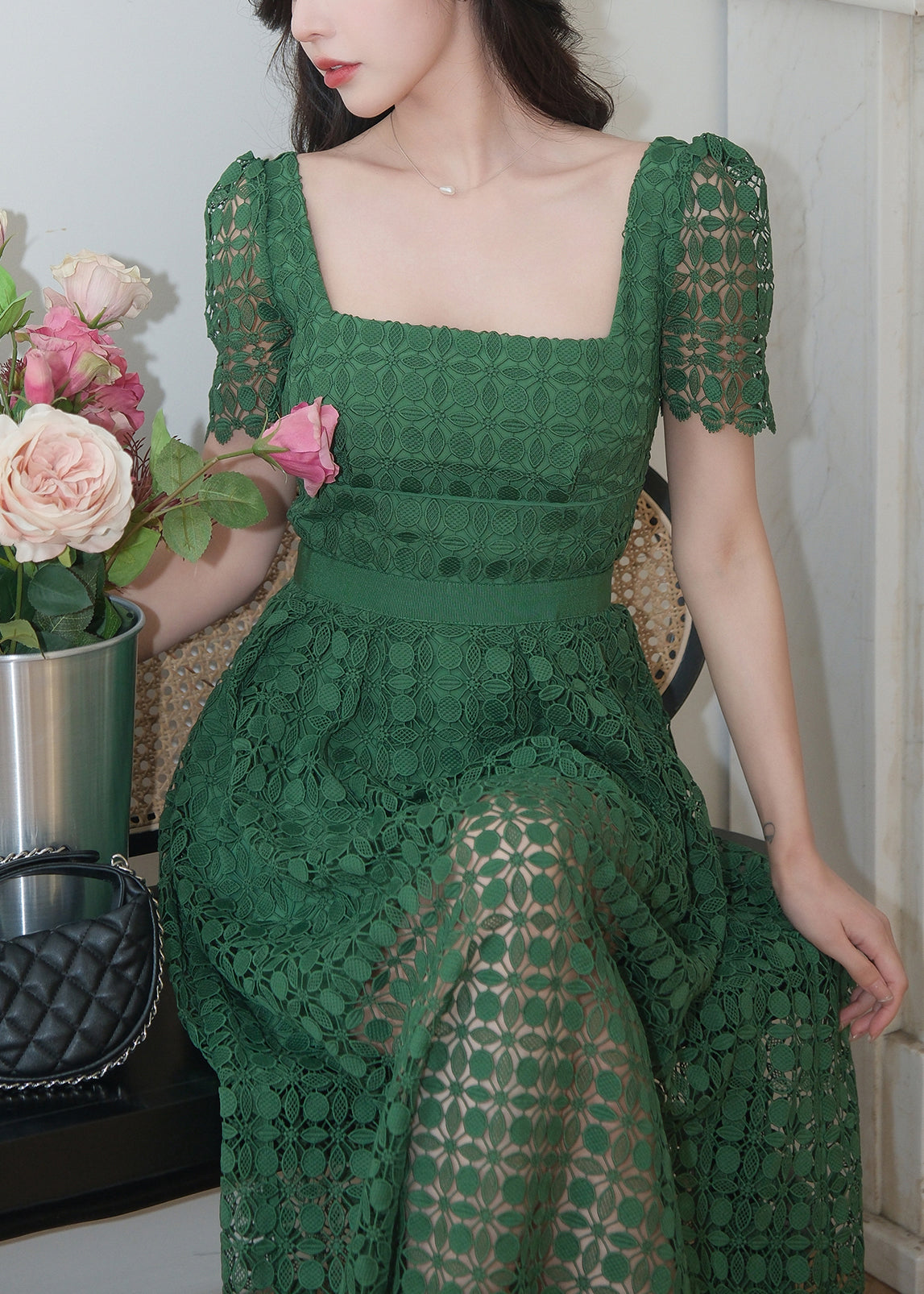 Women's Emerald Green Lace Maxi Dress Square Neckline - OutfitLondon