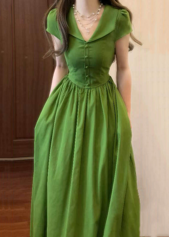 Women's Green Cotton Maxi Dress V Neck High Waist - OutfitLondon