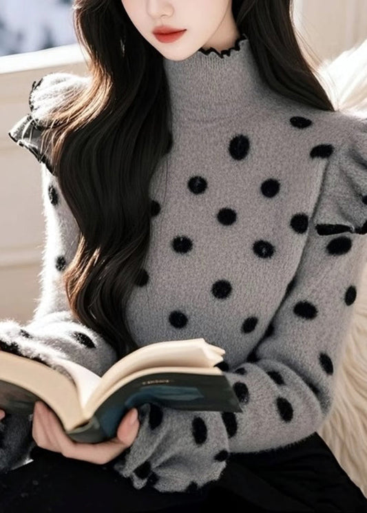 Women's Gray Knit Sweater Ruffled Soft Loose Fit - OutfitLondon