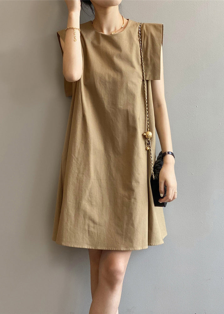 Women's Cotton Sleeveless Day Dress Khaki - OutfitLondon