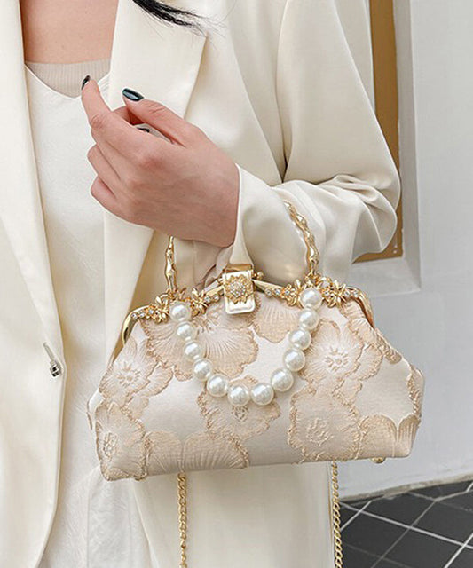 Women's Khaki Satin Tote Bag With Pearl Embellishments - OutfitLondon