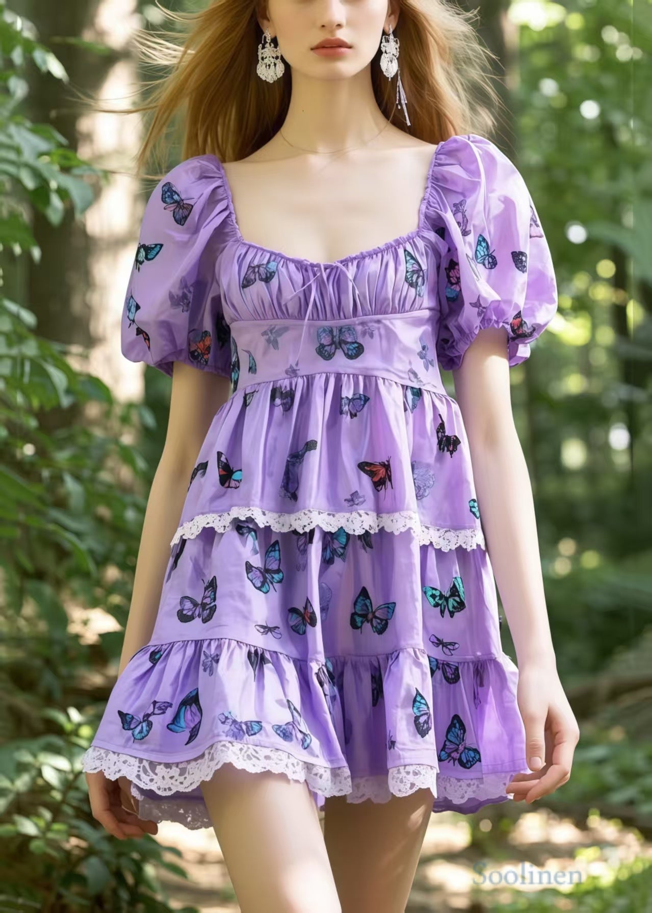 Women's Cotton Dress Square Neckline Puff Sleeves Lavender - OutfitLondon