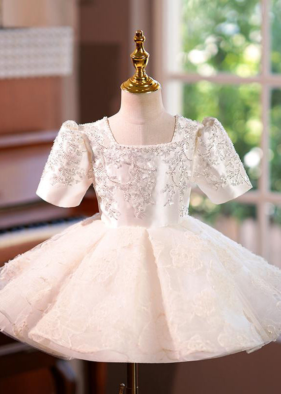 Girls Sequin Tulle Gown Champagne Floor Length Short Sleeves - OutfitLondon