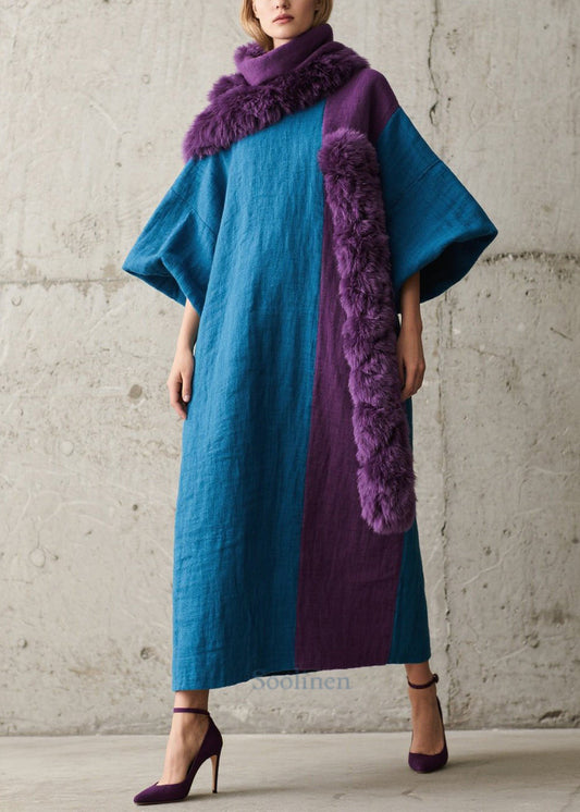 Navy Asymmetrical Faux Fur Dress Lantern Sleeves Evening Wear - OutfitLondon