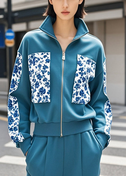 Women's Cotton Floral Jacket Navy Blue - OutfitLondon