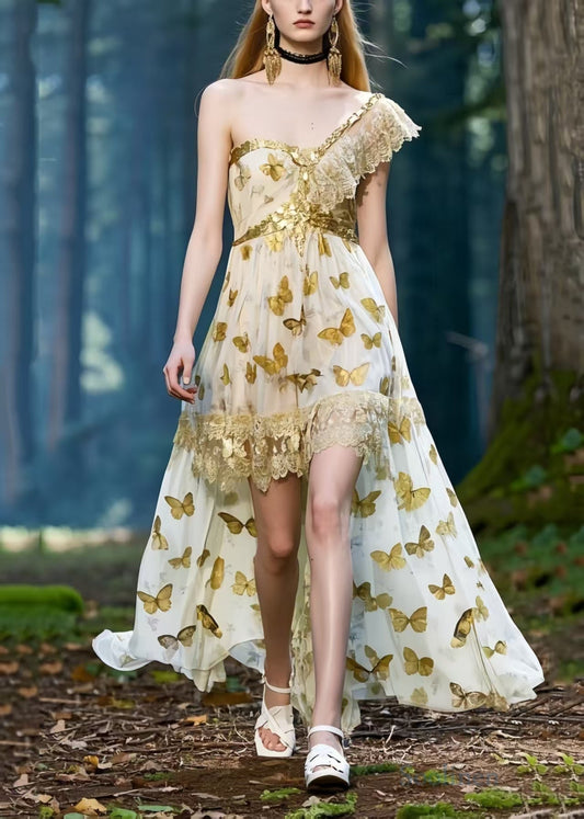 Women's Silk Chiffon One Shoulder Dress Lightweight Butterfly Print - OutfitLondon