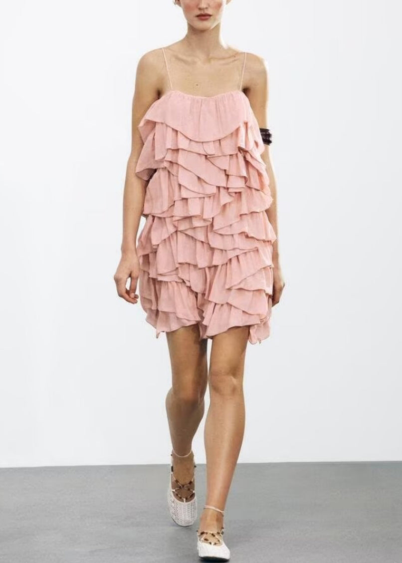 Women's Pink Cotton Backless Dress Spaghetti Straps Ruffle Layers - OutfitLondon