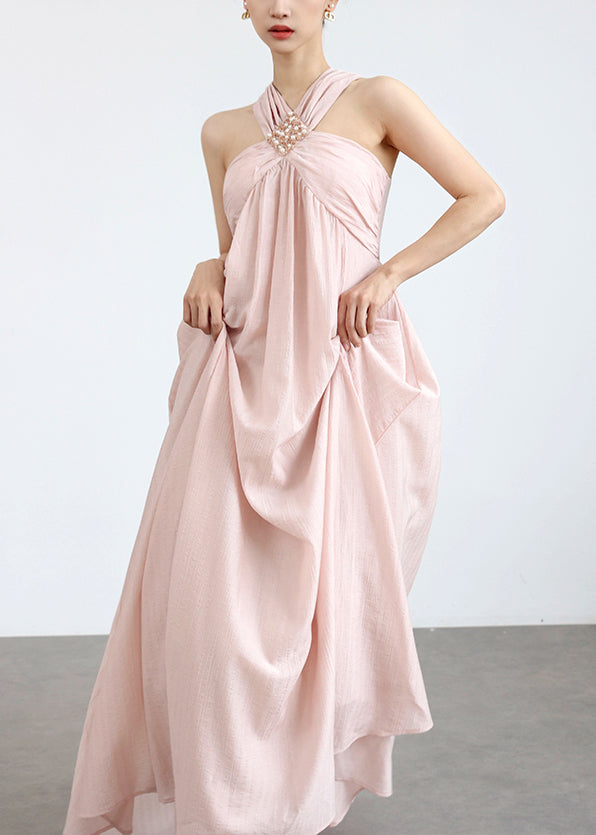 Women's Off-Shoulder Maxi Dress Cotton Blend Pink - OutfitLondon