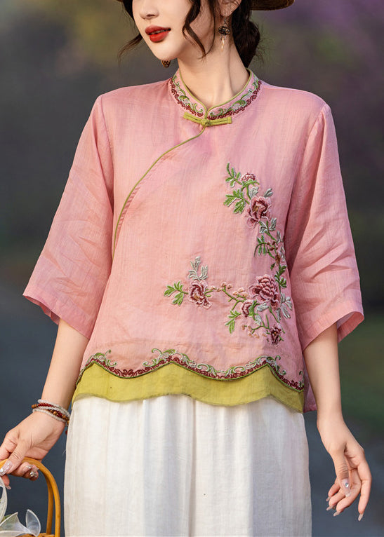 Women's Pink Linen Shirt Embroidered Buttons Relaxed Fit - OutfitLondon