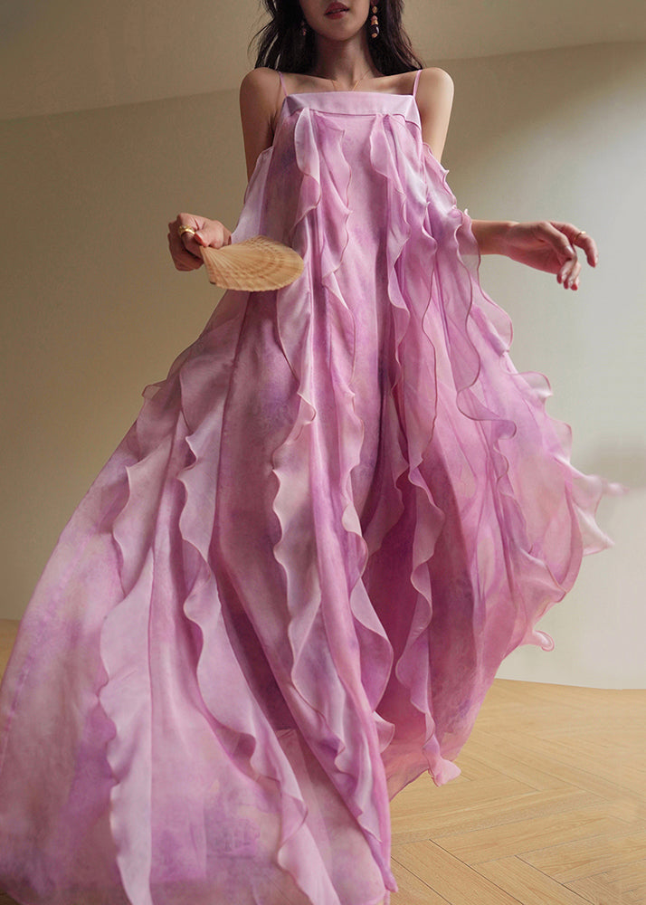 Women's Silk Chiffon Evening Gown Pink Ruffles - OutfitLondon