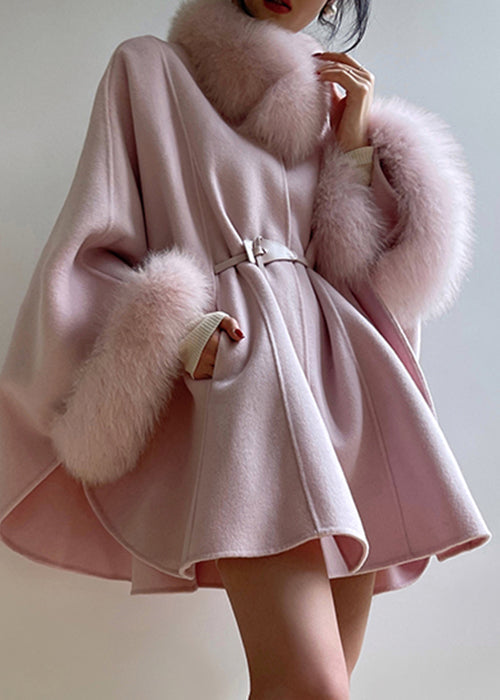 Women's Wool Patchwork Coat Rose Pink Belted Waist - OutfitLondon