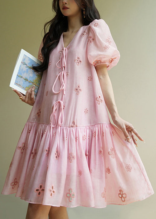 Women's Pink Cotton Summer Dress V Neck Lace Up Breezy - OutfitLondon