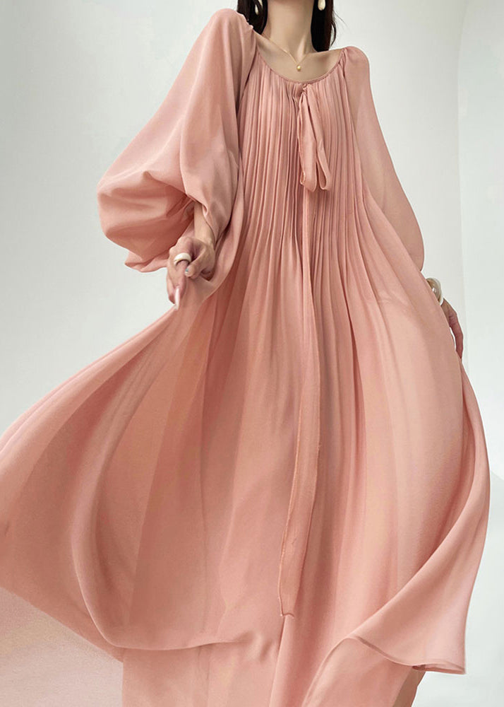 Women's Silk Chiffon Maxi Robe Ruched Lace Ties - OutfitLondon