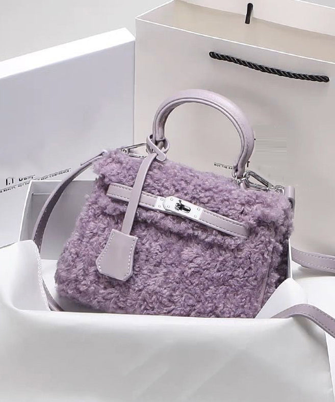 Women's Mini Faux Fur Violet Handbag Zippered Interior - OutfitLondon