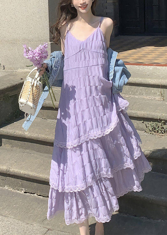Women's Purple Lace V-Neck Dress Spaghetti Straps Lightweight - OutfitLondon
