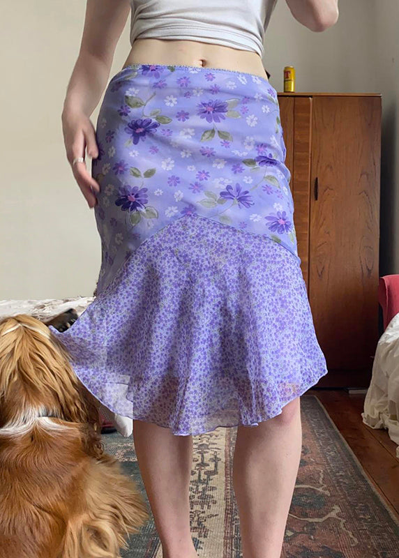Women's Silk Chiffon Skirt Purple Patchwork Zipper Closure - OutfitLondon
