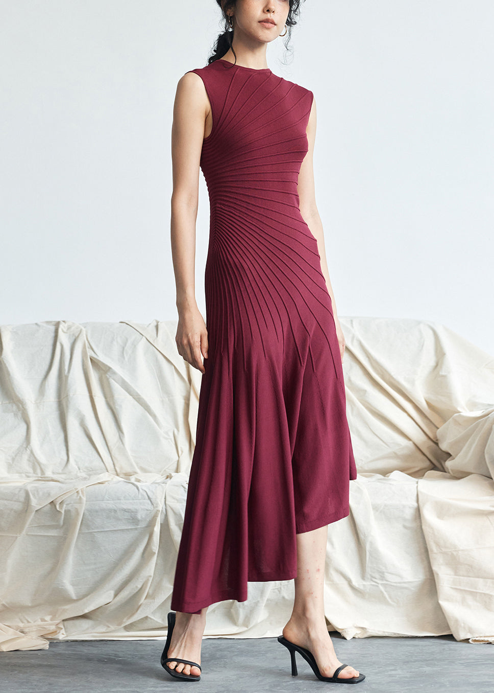 Women's Cotton Sleeveless Dress Red Asymmetric Stripes - OutfitLondon