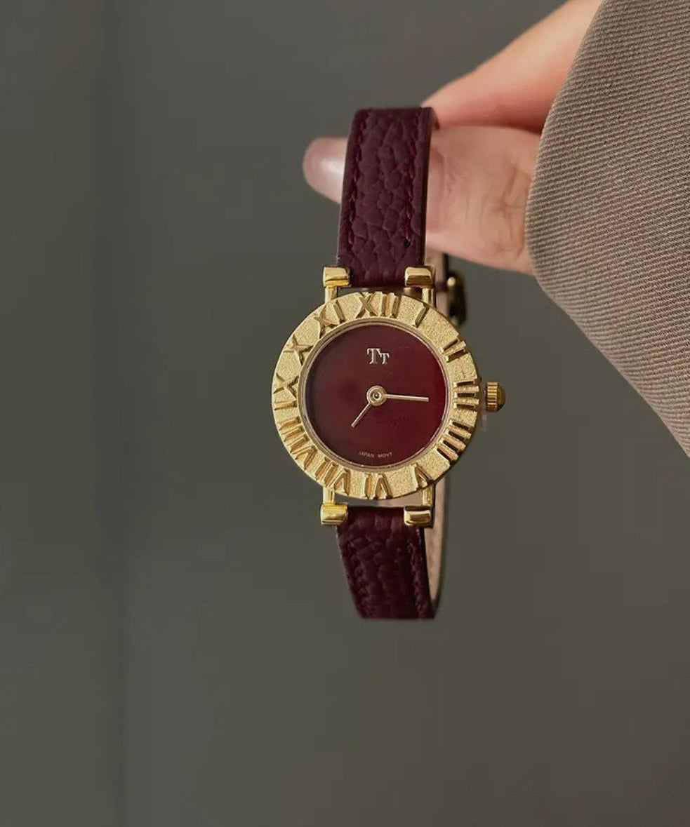 Women's Red Stainless Steel Watch Leather Strap Hardlex Crystal - OutfitLondon