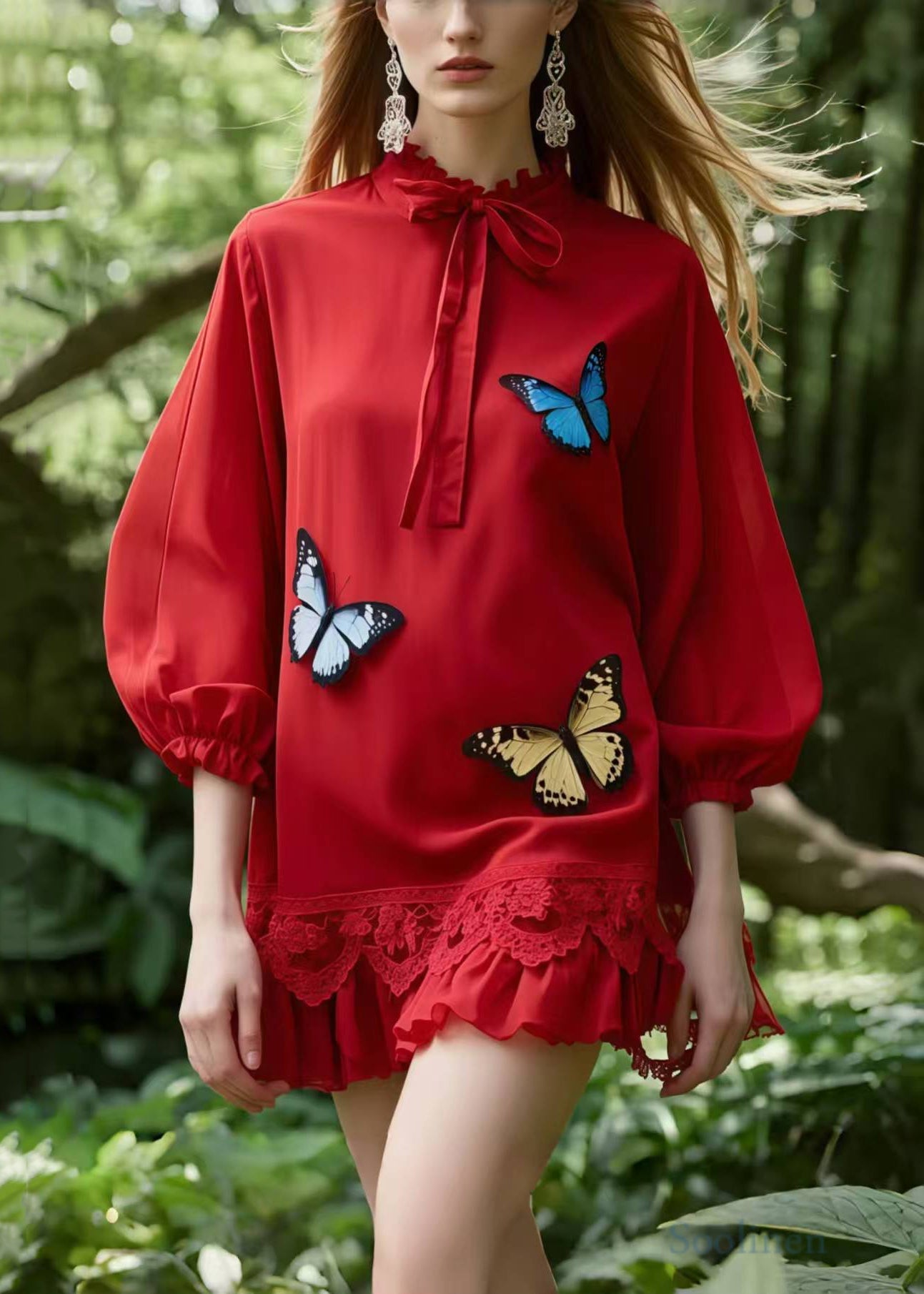 Women's Red Cotton Day Dress With Bow Collar Breathable - OutfitLondon