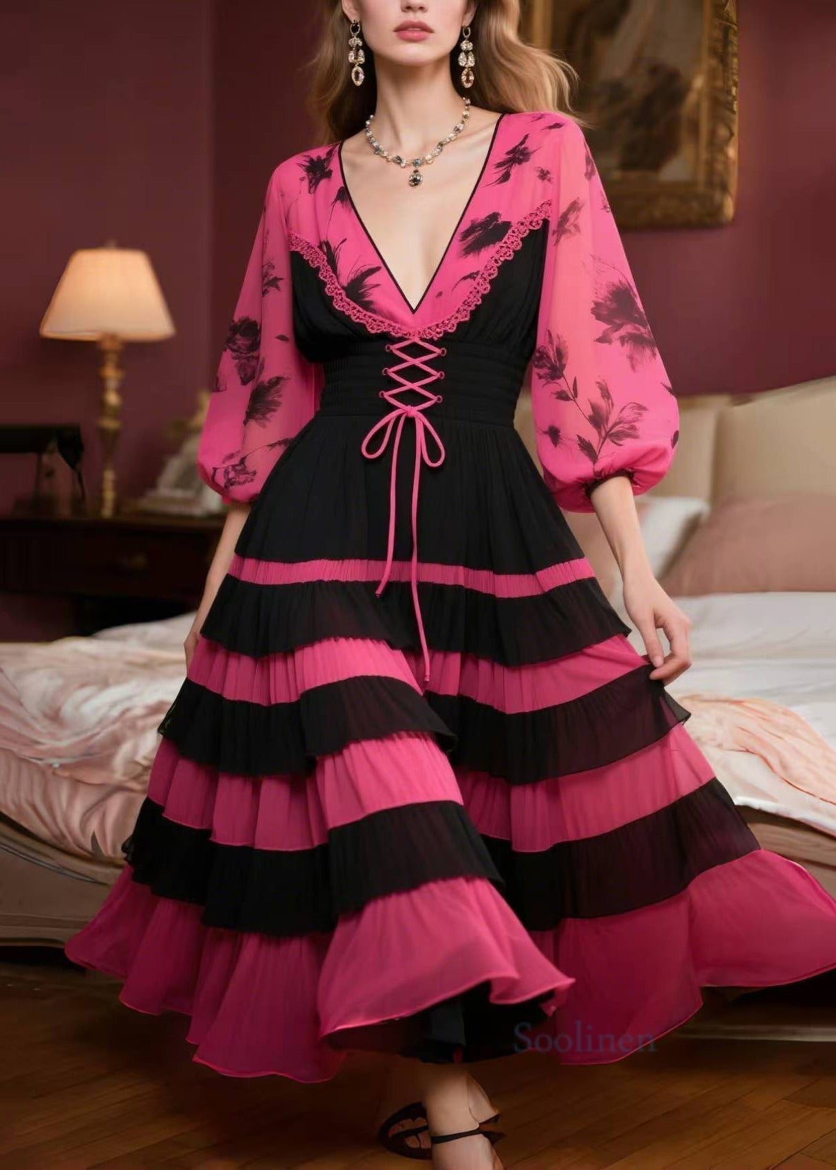 Women's Silk Chiffon Rose Print Dress Lantern Sleeves - OutfitLondon
