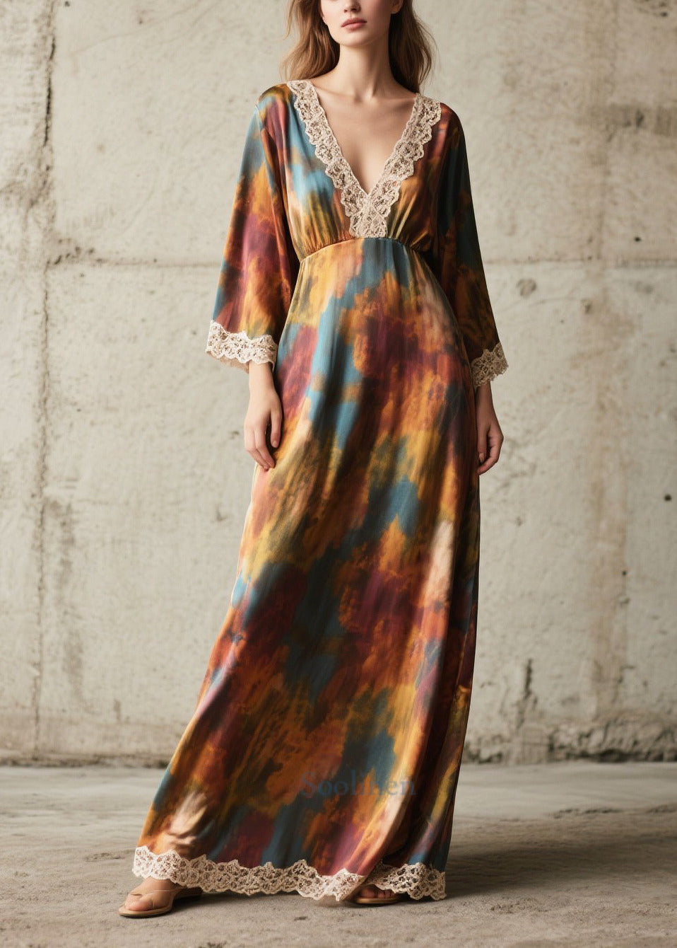 Women's Silk Chiffon Maxi Robe Tie-Dye Lace Autumn - OutfitLondon