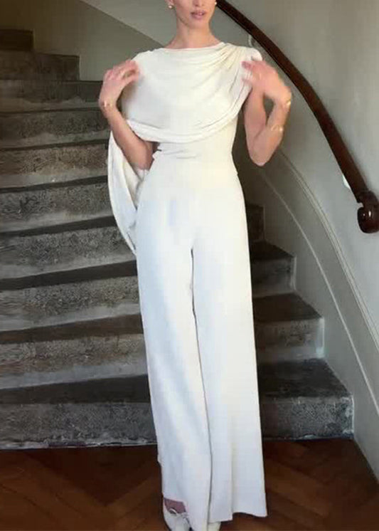 Women's White Asymmetric Jumpsuit Cotton Blend Comfortable Summer Wear - OutfitLondon