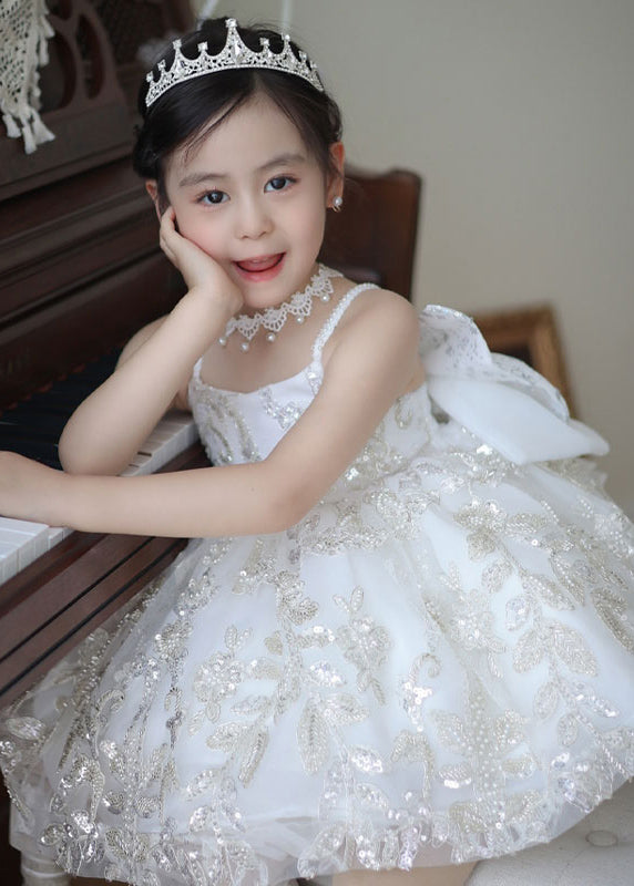Girls Tulle Midi Dress White With Sequin Embellishments - OutfitLondon