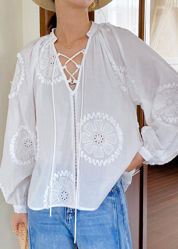 Women's White Cotton Blouse Embroidered Lace Lightweight - OutfitLondon