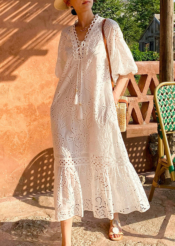Women's White Cotton Embroidered Maxi Dress With Pockets - OutfitLondon