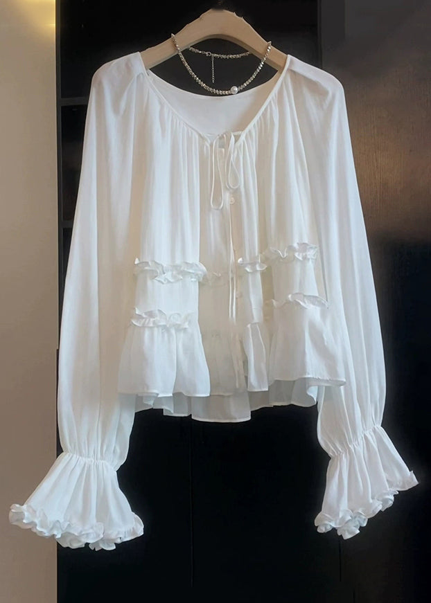 Women's Cotton Lace Blouse Flared Sleeves White - OutfitLondon