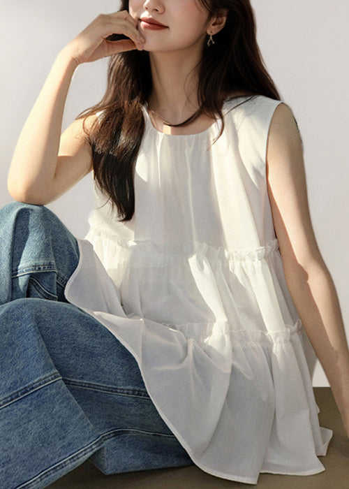 Women's Cotton Tank Round Neck Ruffles White - OutfitLondon