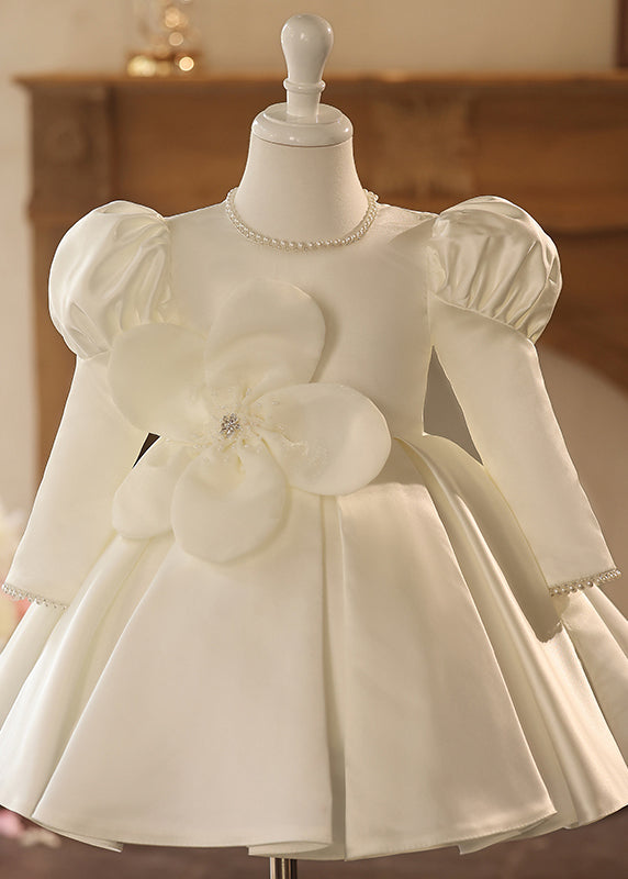 Girls White Midi Dress Tulle Puff Sleeves Formal - OutfitLondon