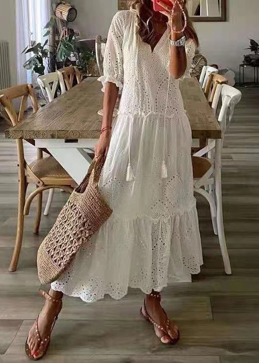 Elegant White Cotton Blend Evening Dress With Ruffles - OutfitLondon