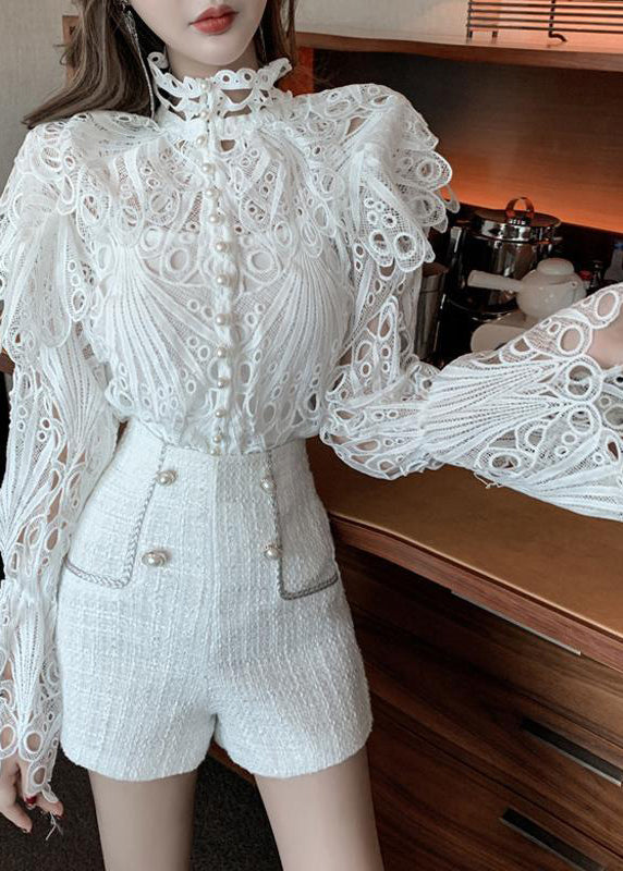 Women's Embroidered Lace Turtleneck Blouse White - OutfitLondon