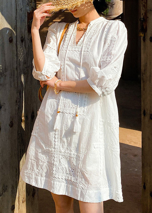 Women's White Cotton V Neck Dress Breathable Eyelet Detailing - OutfitLondon