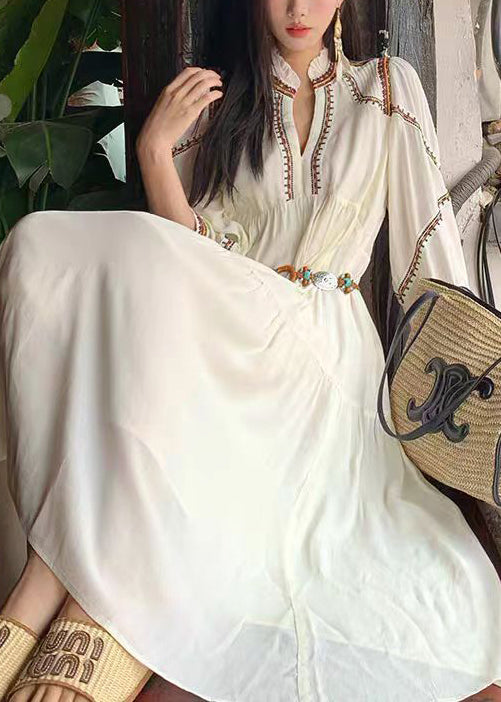 Women's Patchwork Cotton Dress White With Bracelet Sleeves - OutfitLondon