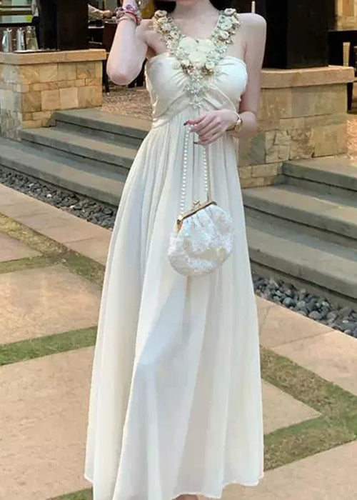 Women's White Cotton Maxi Dress Floral Print Sleeveless - OutfitLondon