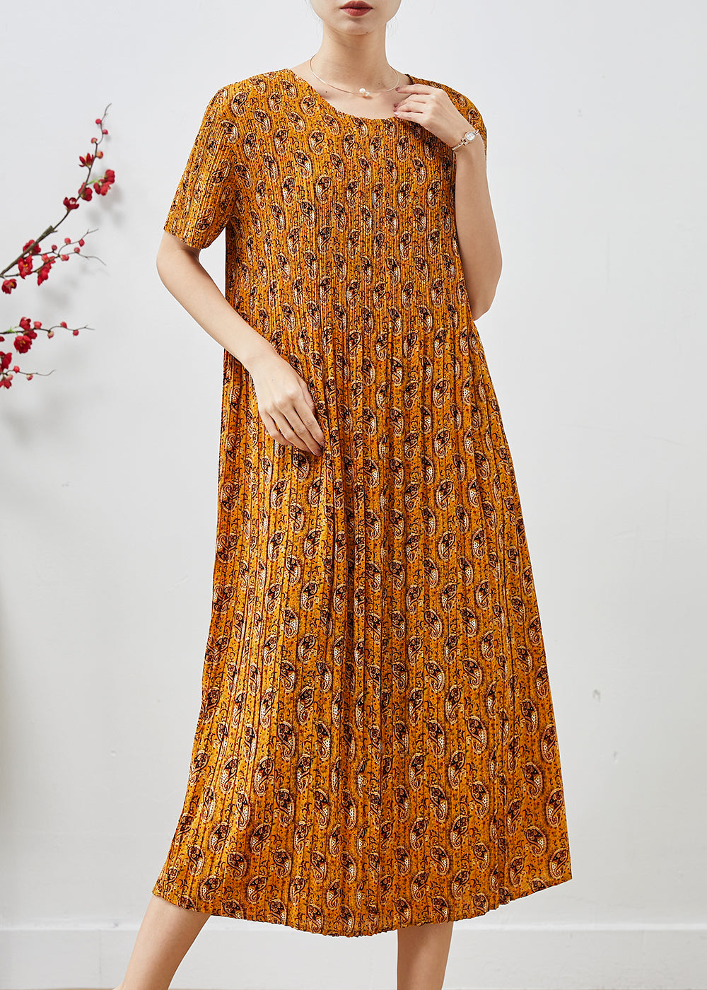 Women's Silk Chiffon Pleated Dress Yellow Print - OutfitLondon