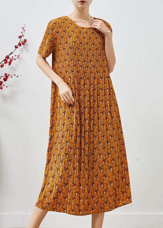 Women's Silk Chiffon Pleated Dress Yellow Print - OutfitLondon