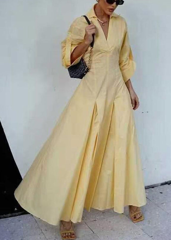 Women's Cotton Blend V Neck Shirt Dress Yellow Easy Care - OutfitLondon
