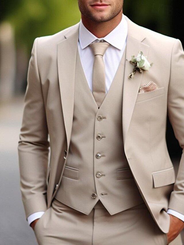 Beige Tailored Fit Groom Suit Men