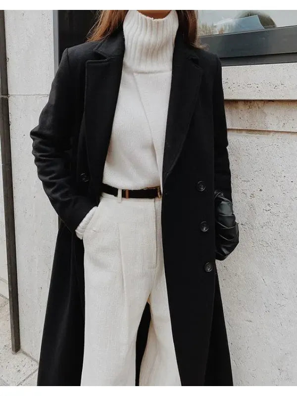 Warm Women's Long Wool Coat - Classic Double Breasted Style - OutfitLondon