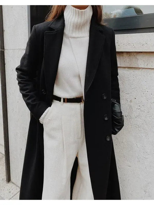 Warm Women's Long Wool Coat - Classic Double Breasted Style - OutfitLondon