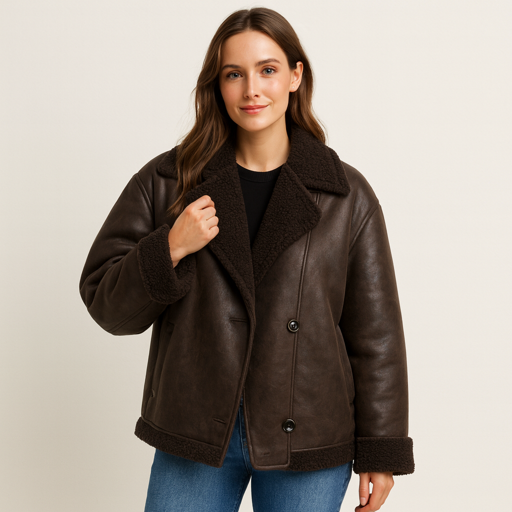 Warm Brown Biker Fleece Jacket - OutfitLondon