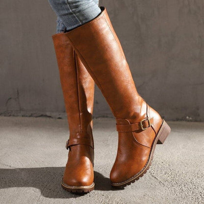 Elegant Buckled Ladies Knee High Leather Boots - OutfitLondon