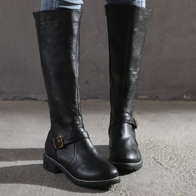 Elegant Buckled Ladies Knee High Leather Boots
