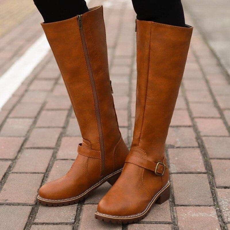 Elegant Buckled Ladies Knee High Leather Boots