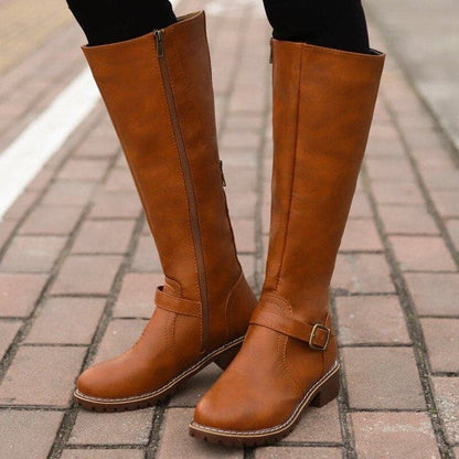 Elegant Buckled Ladies Knee High Leather Boots