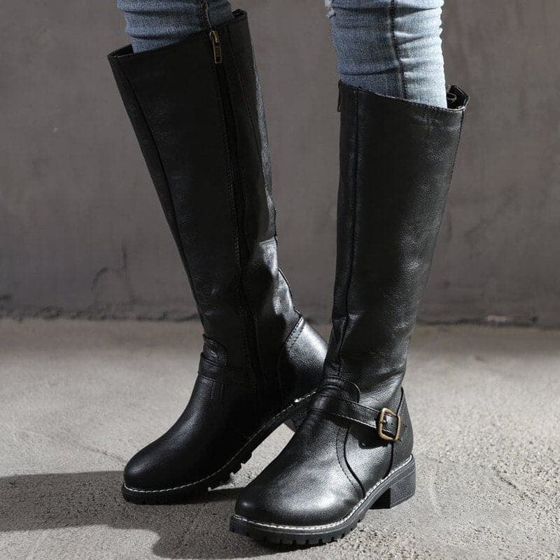 Elegant Buckled Ladies Knee High Leather Boots