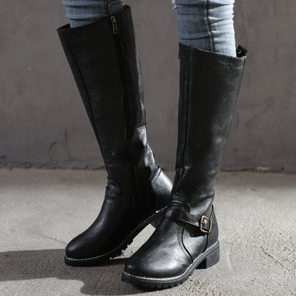 Elegant Buckled Ladies Knee High Leather Boots